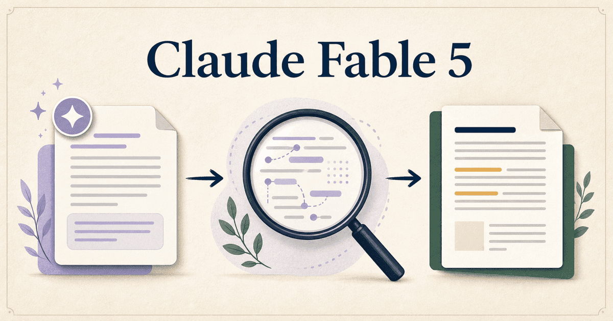 Claude Fable 5 text flowing through writing-pattern analysis into an AI writing report