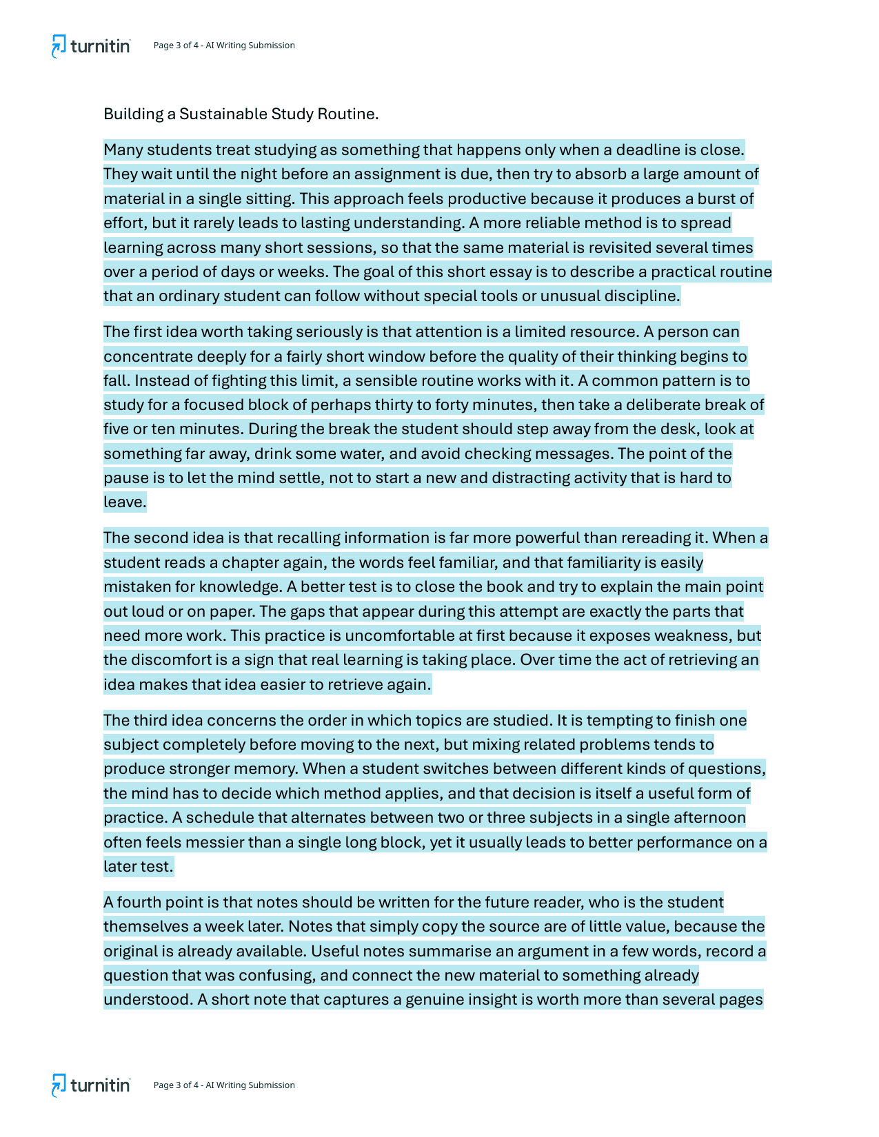 Turnitin submission page with AI-flagged sentences highlighted in blue — the instructor-side view of AI detection